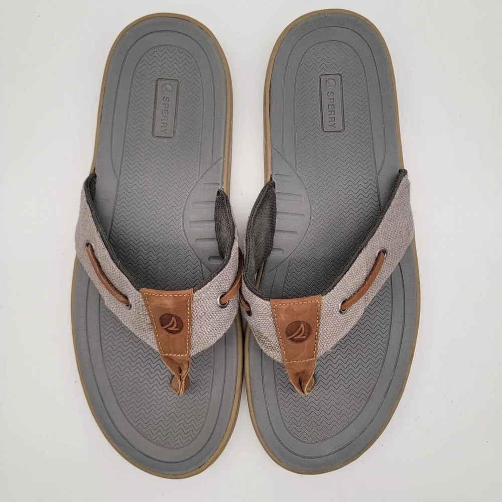 Sperry Thong Flip Flop Tan Leather/Gray Canvas Sandals 13M Model STS25231